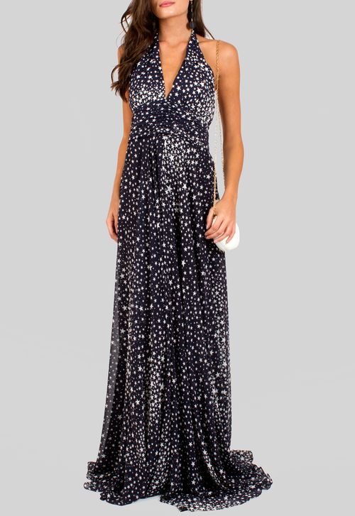 Vestido Manila longo Amissima - azul marinho estampado