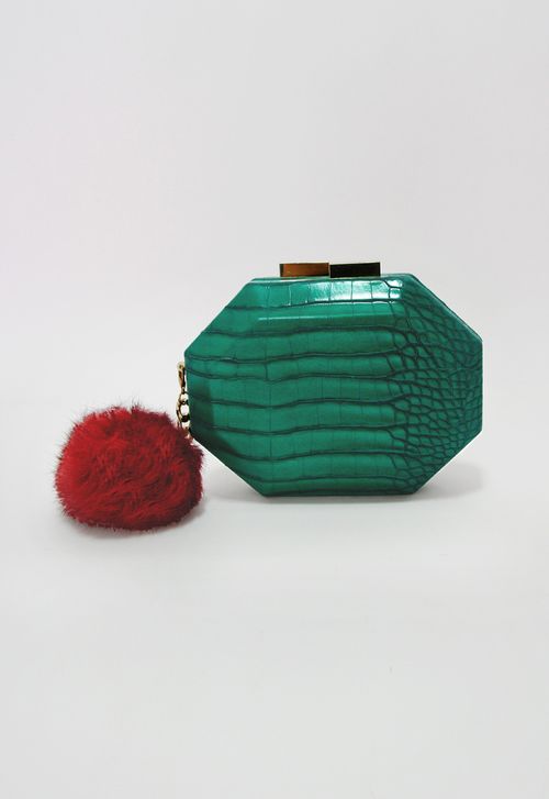 Clutch Croco com pompom Isla - verde esmeralda