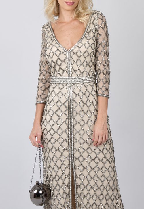 Vestido Alda longo Powerlook - nude e prata