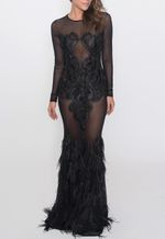 vestido-ancara-longo-e-penas-na-barra-powerlook-preto