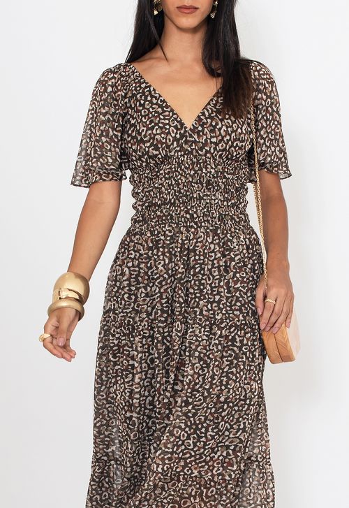 Vestido Sheila midi Amissima - marrom estampado