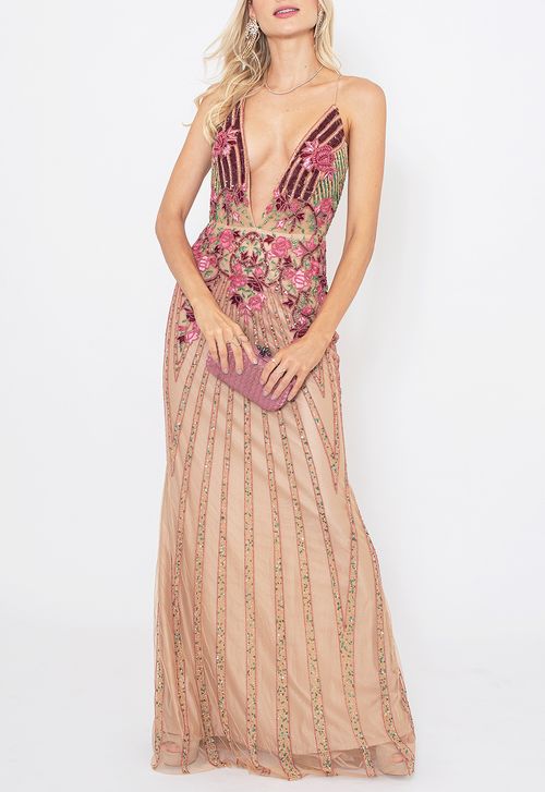 Vestido Nefertiti longo Powerlook - nude e rosa