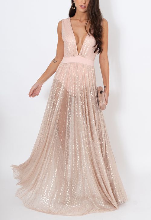 Vestido Golden longo Powerlook - nude