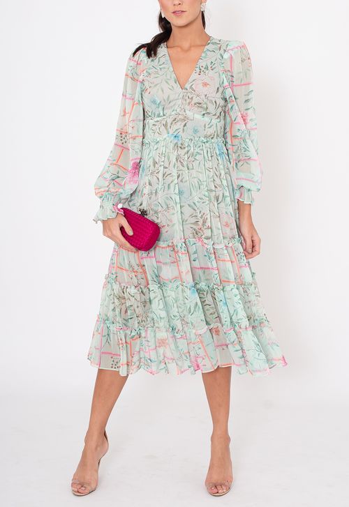 Vestido Flora midi Powerlook - verde estampado