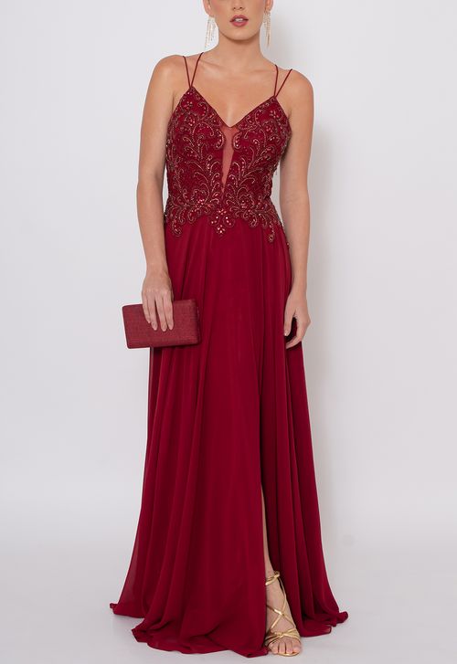 Vestido Madalena longo Powerlook - vermelho marsala (disponível apenas na loja Freguesia)