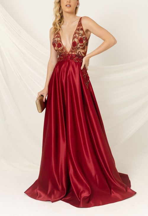 Vestido Calêndula longo Powerlook - vermelho marsala