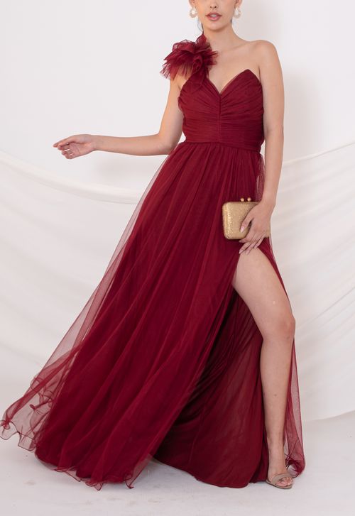 Vestido Flor Liz longo Powerlook - vermelho marsala