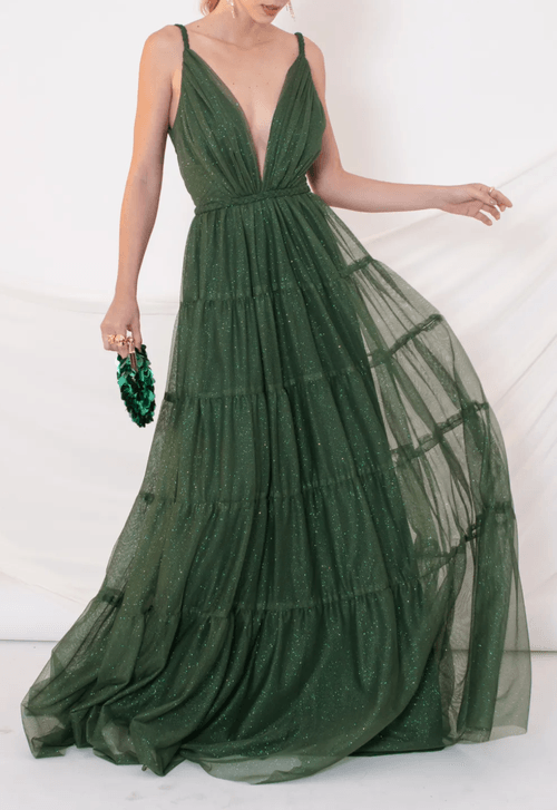 Vestido Beta longo Powerlook - verde bandeira com brilho
